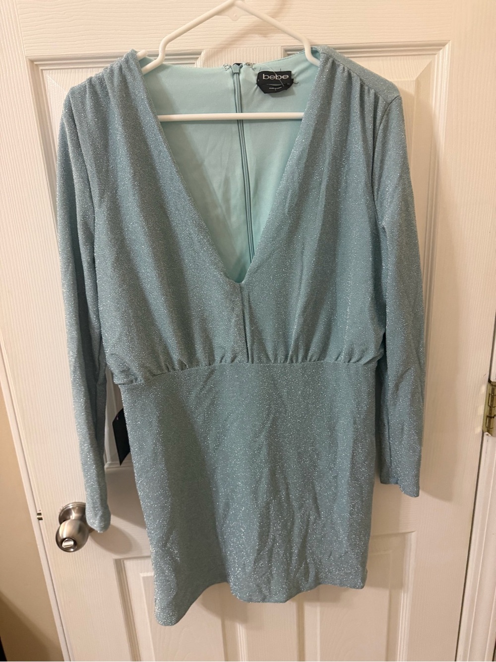 bebe Sparkle V-Neck Long Sleeve Dress in Pale Blue